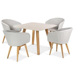 Studio image of FueraDentro Shell luxury garden furniture with taupe Batyline weave and teak hardwood frames