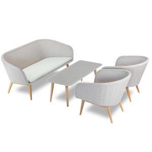Shell Teak modern garden lounge set include a designer garden sofa & exterior lounge chair by FueraDentro luxury garden furniture, Netherlands