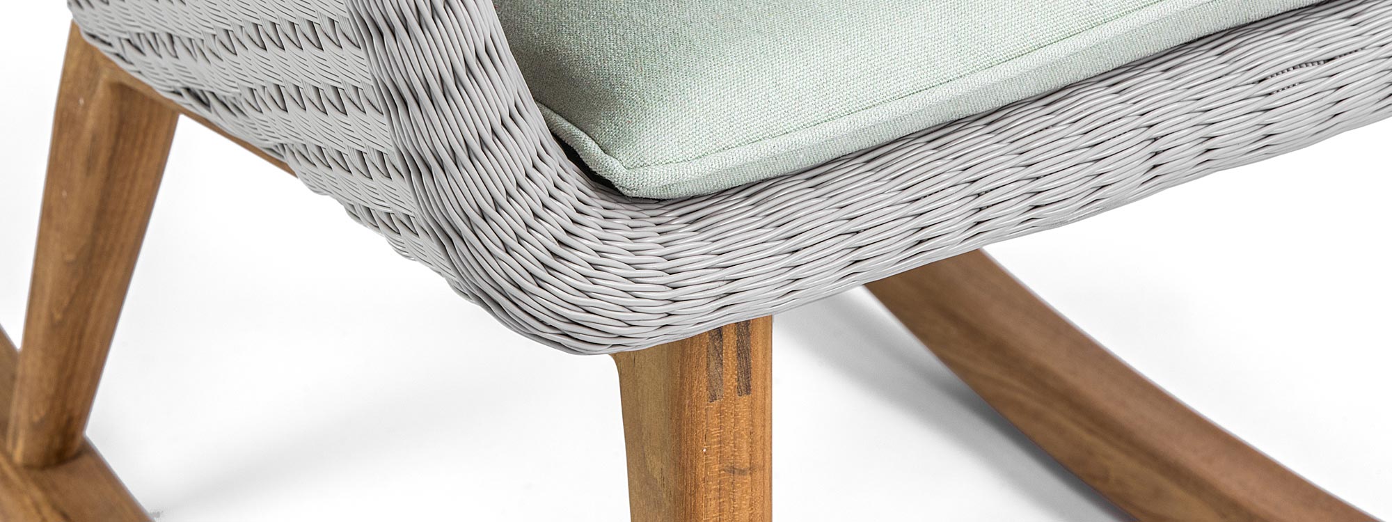 Shell Teak modern garden rocking chair & designer outdoor rocker in weather-proof furniture materials by FueraDentro modern garden furniture