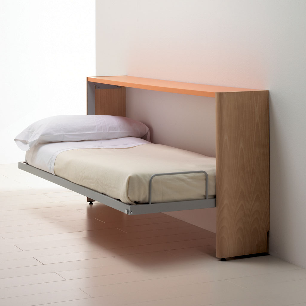 Open Pumpkin-Colour Sellex La Literal Folding Single Bed LI01. Easy-To-Use Individual Wall Bed, Adult Size Folding Wall Bed & Contract Wall Bed. High Quality Wall Bed Materials.