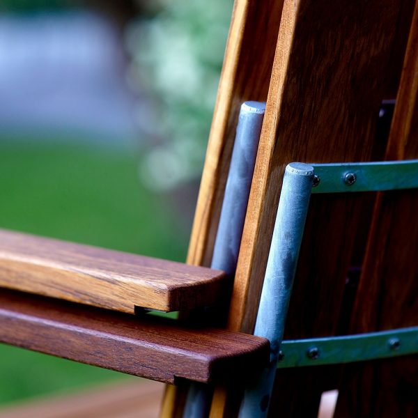 Image of Stacked A2 cantilever garden chairs in galvanised steel and teak by Grythyttan, Sweden