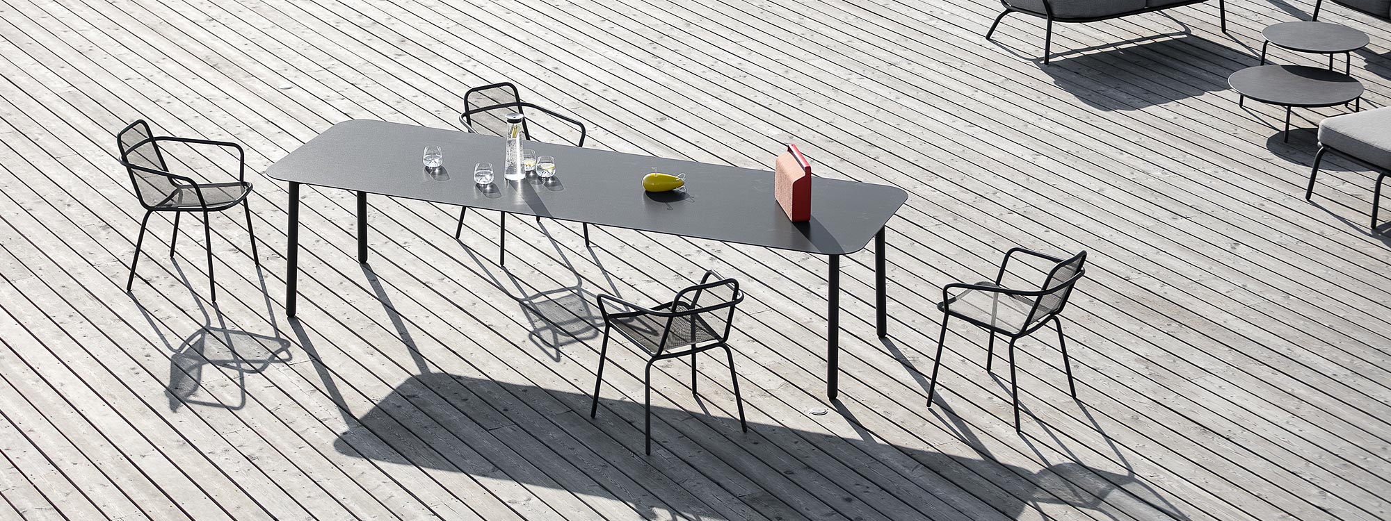 Starling contemporary outdoor dining furniture includes high quality garden tables & chairs by Todus stainless steel garden furniture company.