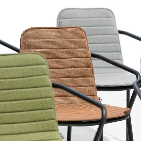 Studio Image of 3 Starling modern garden chair, which has cushions in wide range of Crevin outdoor fabrics