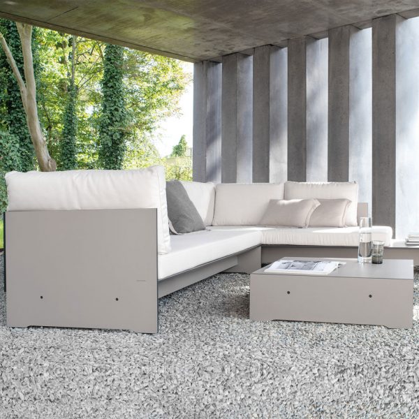 Image of Riva minimalist garden sofa in taupe HPL and light-beige Sunbrella cushions