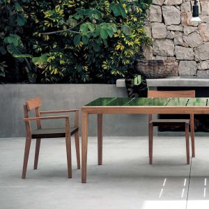 Image of RODA Teka contemporary teak table with slatted Forest Green gloss ceramic table top