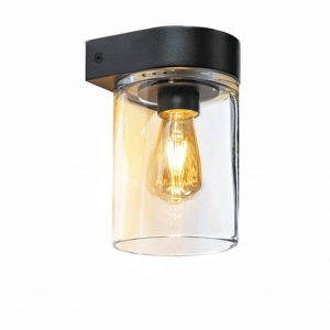 Studio image of lit Tesla contemporary outdoor wall light with anthracite frame and clear hand-blown glass lampshade by Royal Botania