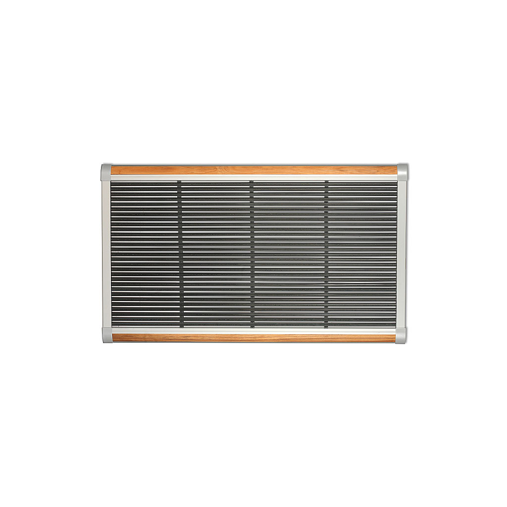 Studio image of medium RiZZ outdoor door mat 120 x 70 cm with silver aluminium frame and teak inserts