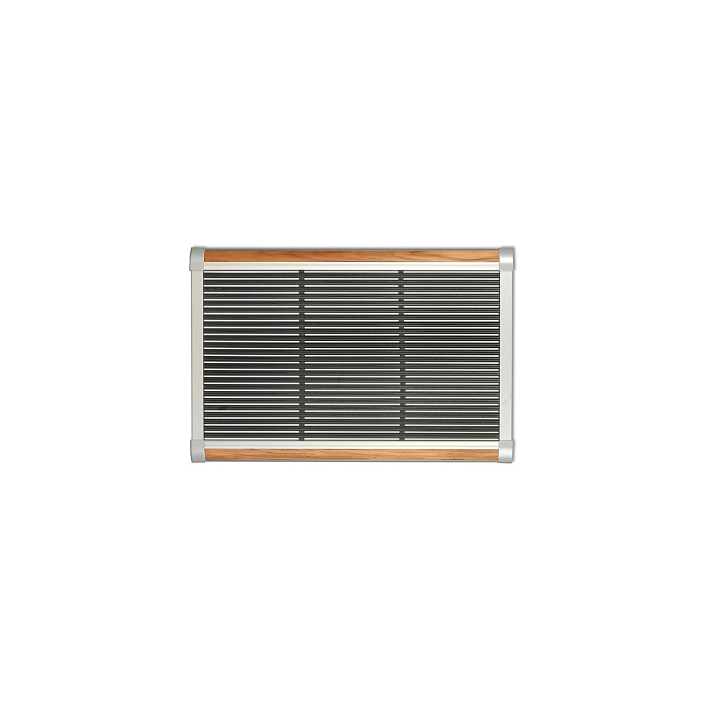 Studio image of small RiZZ modern door mat 90 x 60 cm with silver aluminium frame with teak inserts