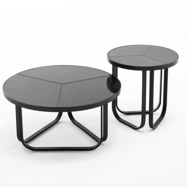Studio image of 2 Thea circular outdoor low tables with sectional ceramic table tops by RODA