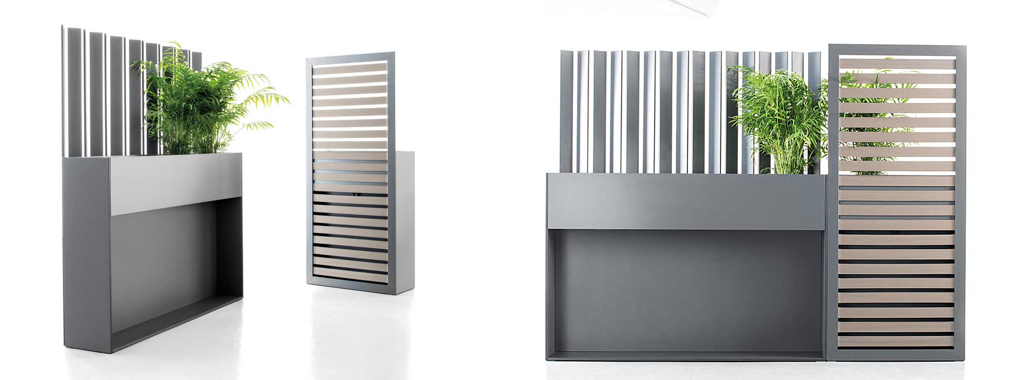 Studio image of different sizes of Ticino minimalist raised planters and trellis in anthracite HPL by Conmoto