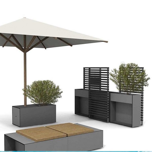 Studio image of different sizes of Ticino raised planters and trellis in anthracite coloured HPL by Carsten Gollnick