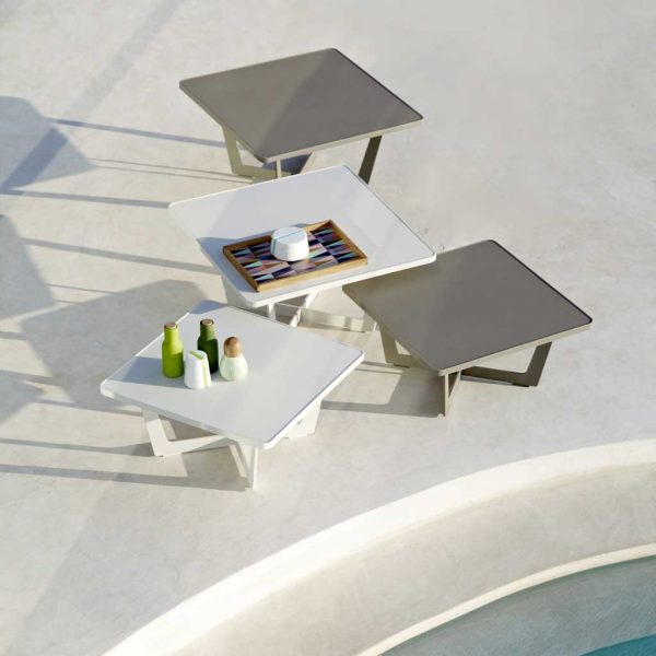 Image of birds eye view of different sizes of Time Out aluminium low tables by Caneline garden furniture