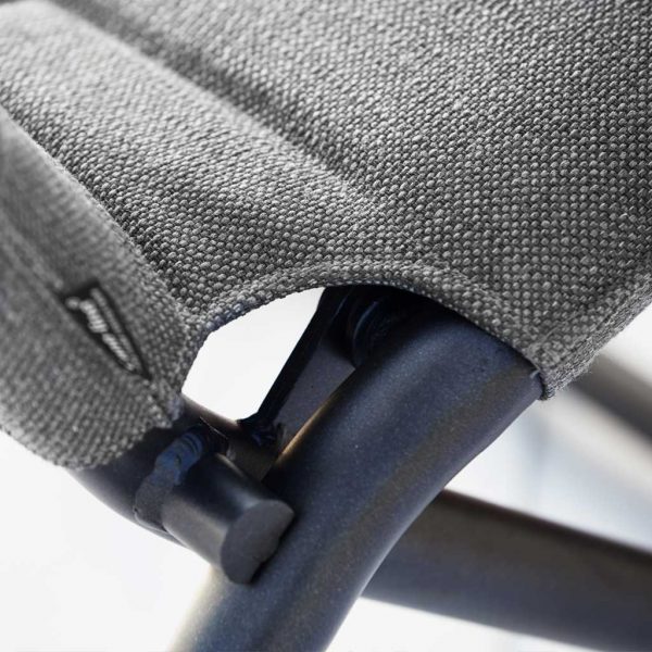 Image of detail of Traveller folding chair's aluminium frame and Soft Touch fabric upholstery by Caneline garden furniture