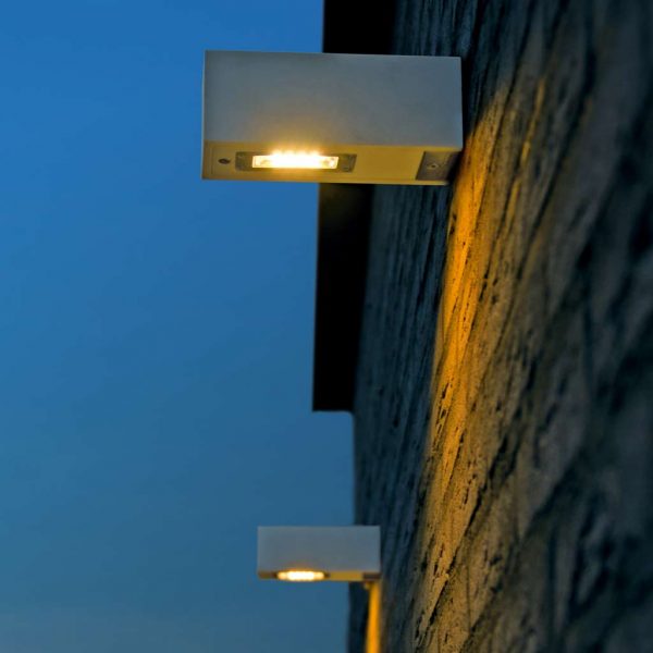 Image of pair of Royal Botania Twin Wall outdoor up down lights in white corian and stainless steel