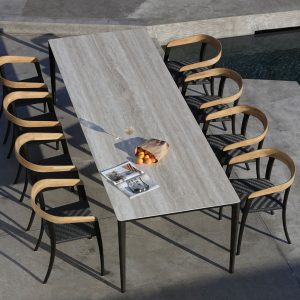 Birdseye view of Royal Botania Unite table with Travertine ceramic top & Jive chairs