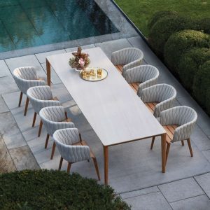Calypso Garden Chairs & U-nite outdoor dining table is a circular or rectangular modern garden table in high quality exterior furniture materials by Royal Botania garden furniture