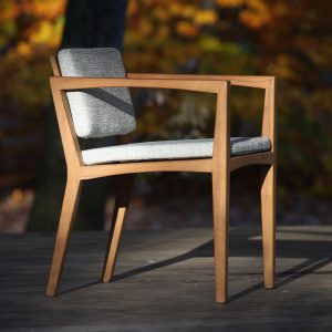 Zenhit teak dining chair with grey cushions by Royal Botania outdoor furniture