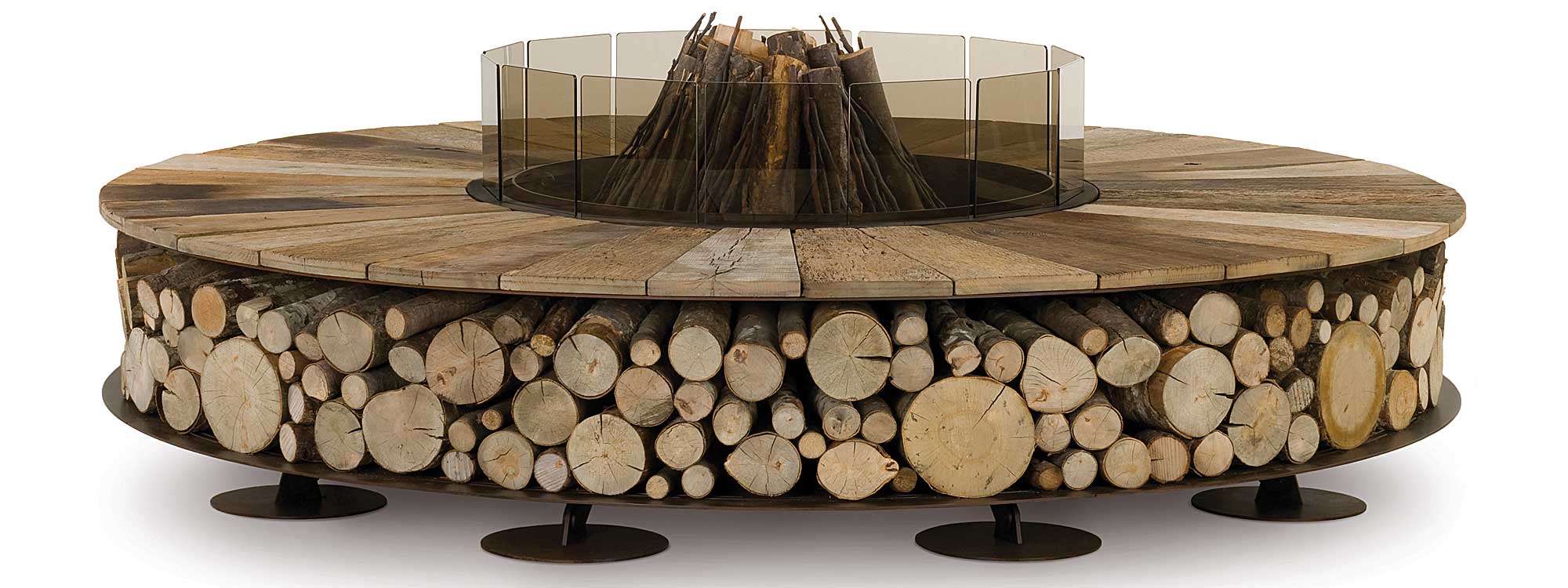 Studio image of Zero fire pit with chestnut surround and tempered glass fire screens by AK47 Design, Italy.