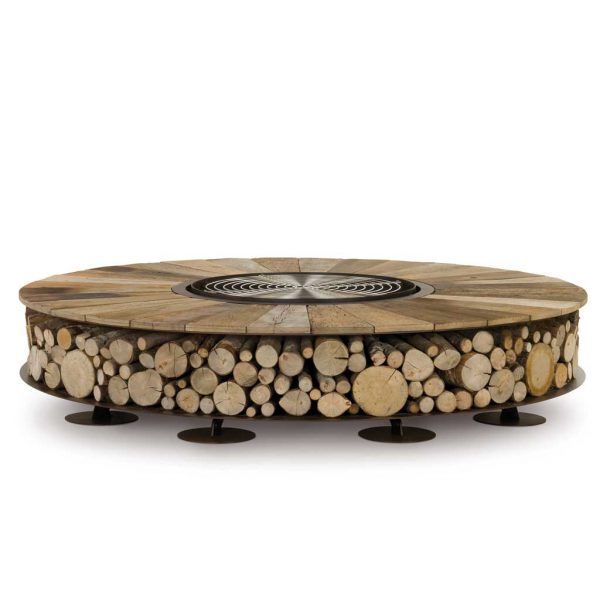Studio image of Zero large round fire pit with hardwood surround and stainless steel grill by AK47 Design, Italy.