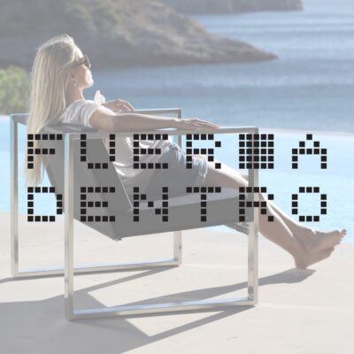 Image of FueraDentro furniture company logo overlaid over picture of woman sat on Poltrona lounge chair