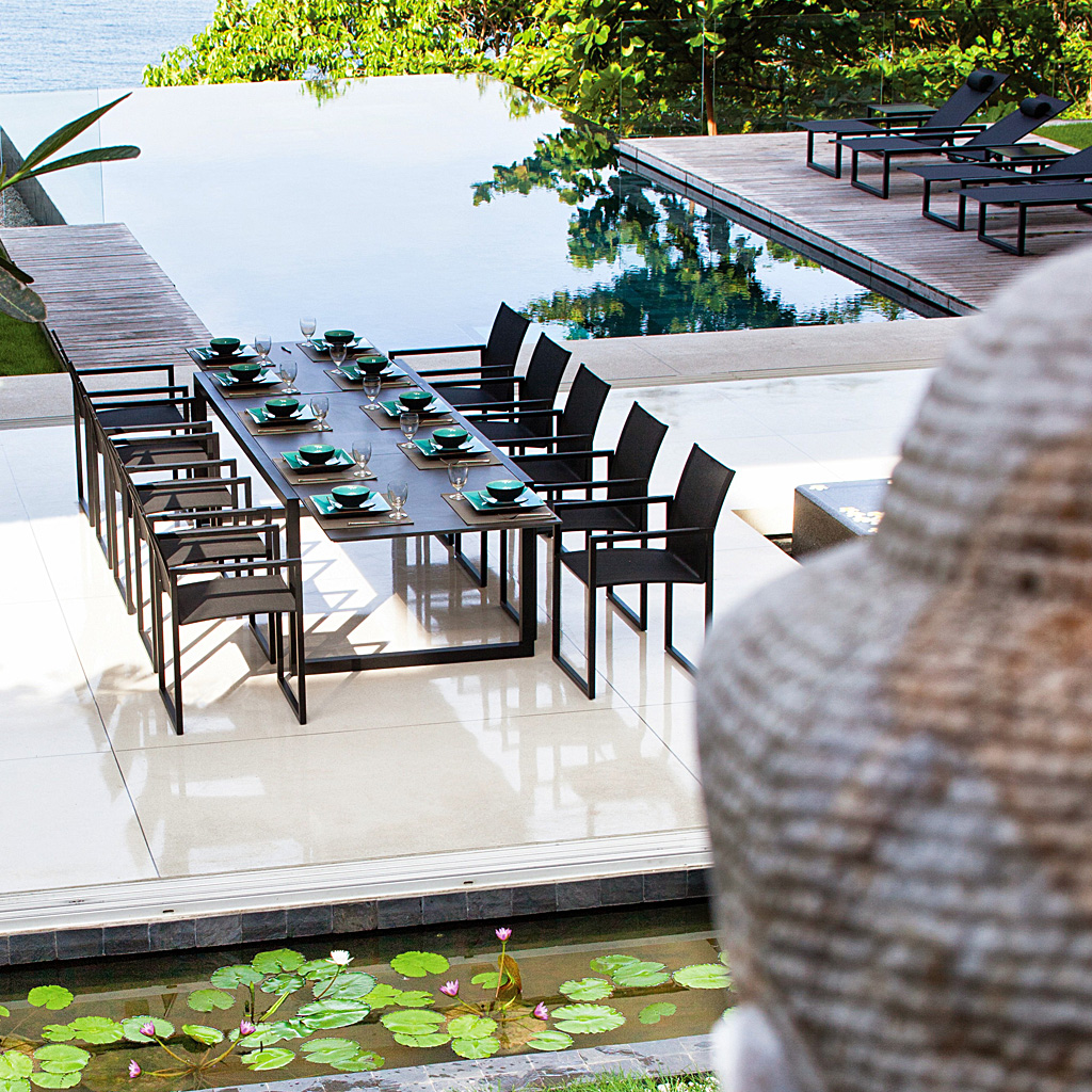 Royal Botania Ninix furniture & modern garden dining furniture includes geometric garden dining table & NNX55 minimalist outdoor dining chair.