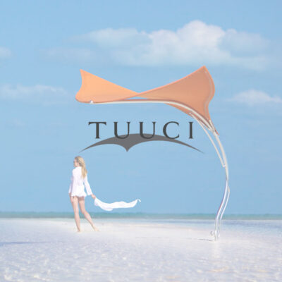 Image of Tuuci logo overlaid over picture of orange Manta sun shade