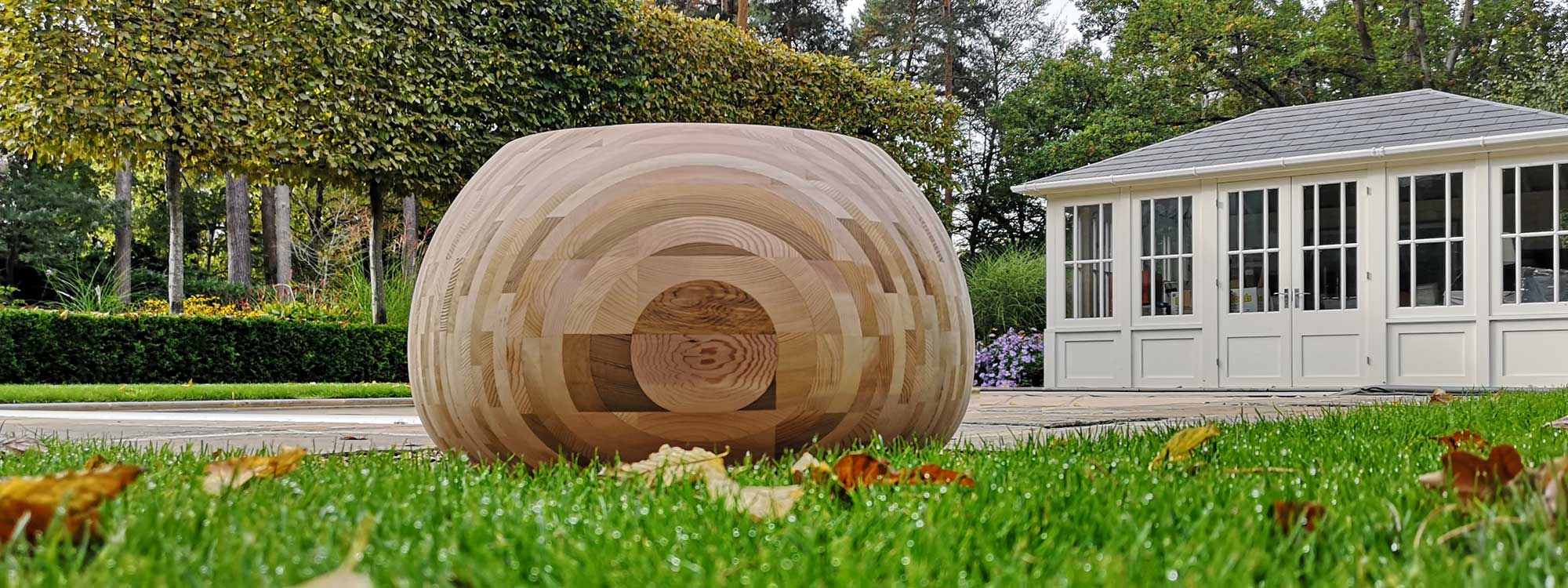 WEYBRIDGE Garden Furniture Install Of Motley Drum MODERN Garden Furniture POUF, Solid Wood Pouf/ CONTEMPORARY Outdoor STOOL By WS LUXURY Garden FURNITURE.