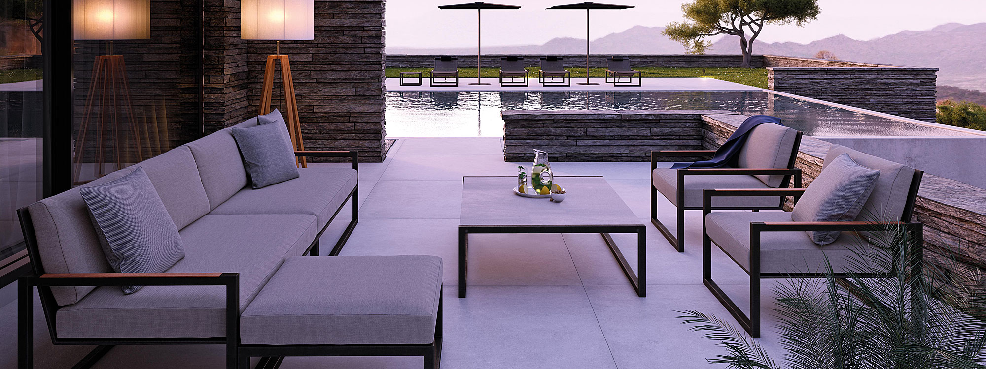 Photo of luxurious modern outdoor lounge furniture with pool on terrace