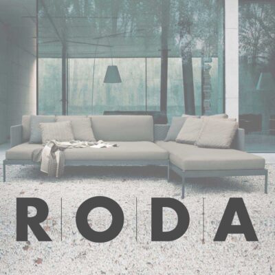Image of RODA furniture logo overlaid over picture of garden sofa