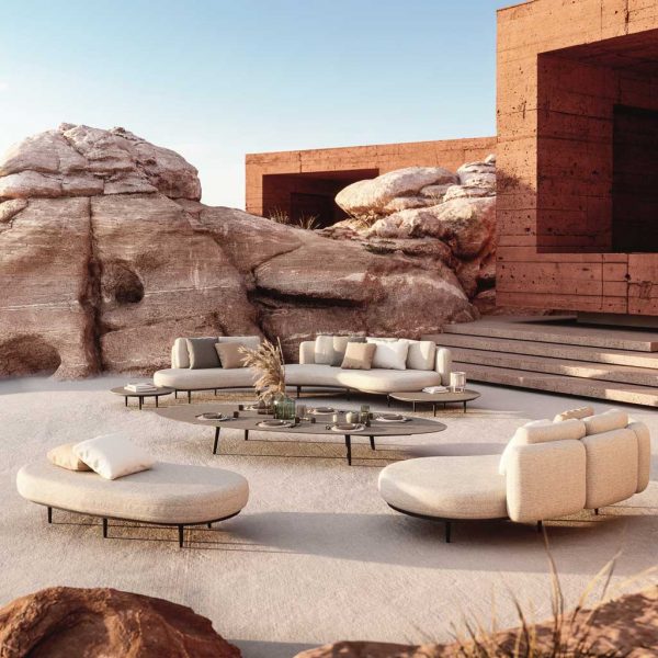 Image of Royal Botania Organix sofas and Styletto low tables, shown in arid desert courtyard