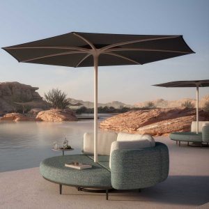 Organix garden day bed with parasol & modern outdoor chaise longue is organically inspired garden furniture by Royal Botania luxury exterior furniture.
