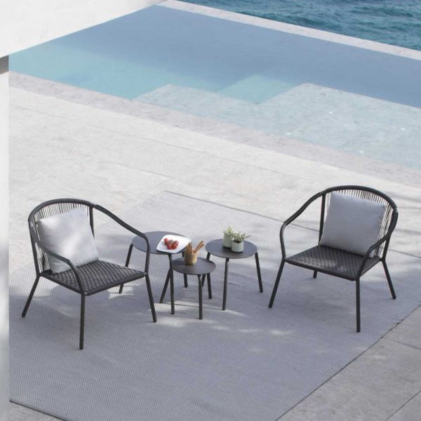 Samba garden chairs have playful contemporary design by Royal Botania, and are shown here on a chic poolside.