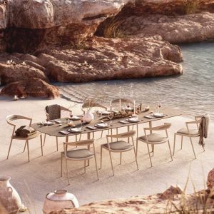 Styletto outdoor dining tables have elegant exterior table design, made in all weather table materials by Royal Botania modern garden tables