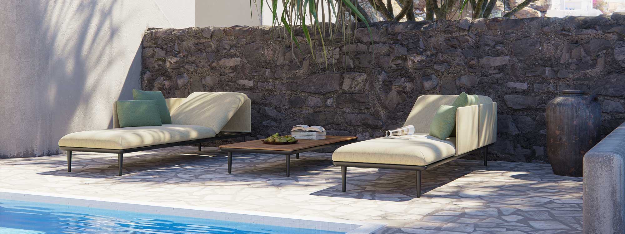 Royal Botania Styletto daybeds in dappled shade on poolside