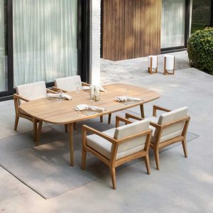 Royal Botania teak garden furniture is made using finest plantation timber, as shown with Zenhit low chair and Styletto low dining table
