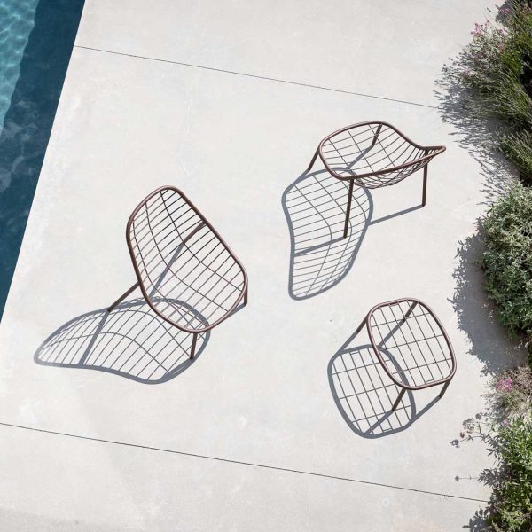 Image of aerial view of Todus Albus garden lounger chairs and footstools casting shadows on sunny poolside