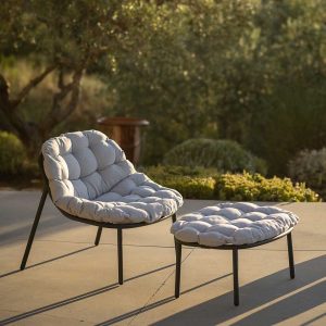 Albus garden lounge chair is a funky outdoor chair with deep cushion in stainless steel furniture materials by Todus luxury outdoor furniture
