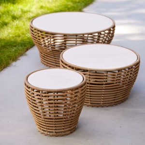 Basket garden coffee tables & outdoor low tables have natural allure in modern all weather table materials by Caneline outdoor cane furniture
