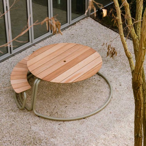 Image of The Circle round picnic table with grey tubular steel frame and table top in sustainable afzelia wood