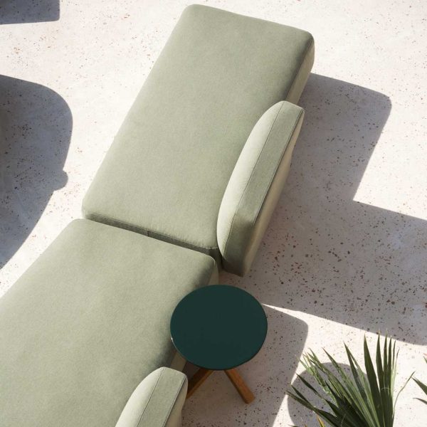 Image of aerial view of RODA Mamba luxury garden sofa and Root teak side table on sunny Italian terrace