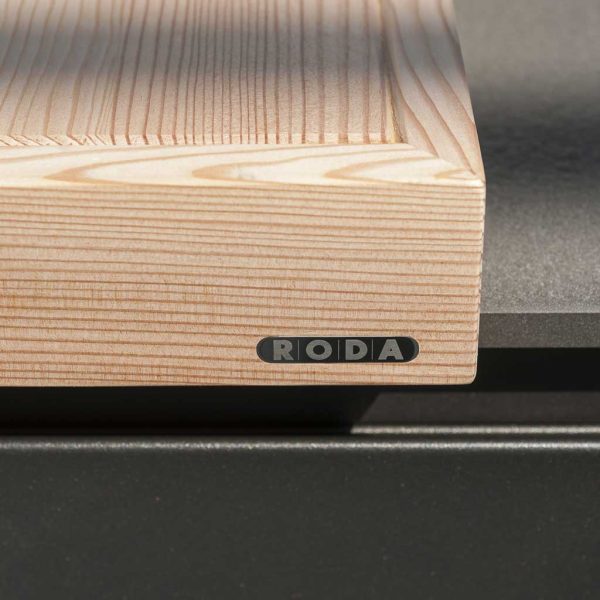 Image of detail of RODA Norma outdoor kitchen's larch chopping board