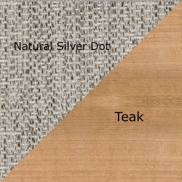 Image of Natural Silver Dot fabric and teak wood swatches used for Zenhit garden sofas