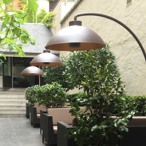 Image of row of Heatsail Dome patio heaters above outdoor lounge furniture on terrace of bar