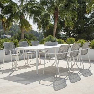 Durham rectangular garden dining table is a chic ceramic outdoor table in all-weather table materials by Jati & Kebon stylish exterior furniture.