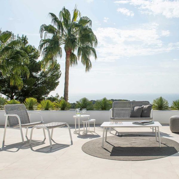 Image of Durham contemporary garden lounge set in white tubular aluminium with Polyolefin rope seat and back