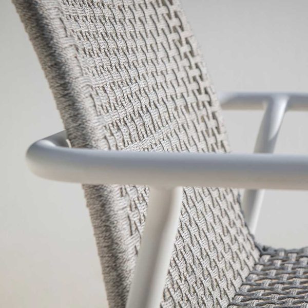 Image of detail of Durham garden chair's white tubular aluminium frame and white-grey Polyolefin rope seat & back