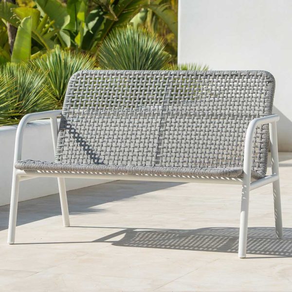 Image of Durham 2 seat white garden sofa with tubular aluminium frame and white-grey hand-woven Polyolefin rope seat and back