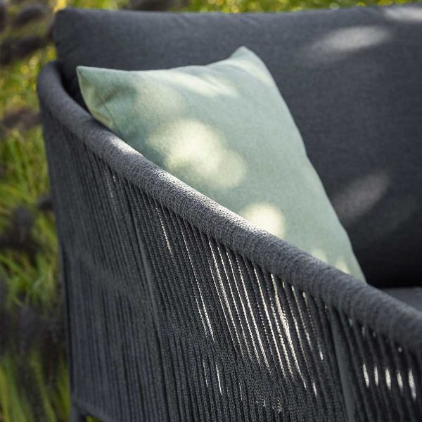 Image of detail of Fortuna Rope daybed's tubular aluminium frame and charcoal black Polyolefin woven rope back