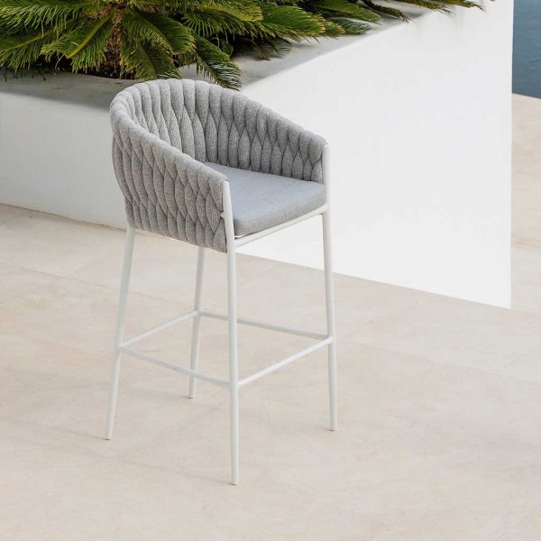 Image of Jati & Kebon Fortuna Socks exterior bar stool with white aluminium frame and Light-grey melange Olefin woven seat & back