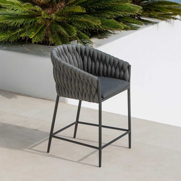 Image of Fortuna Socks outdoor bar chair with charcoal coloured tubular aluminium frame and Charcoal-black Olefin sock back